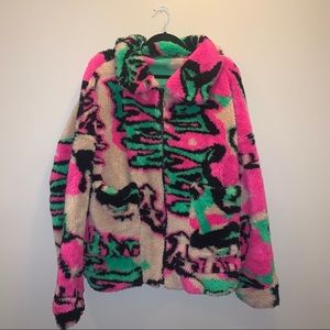 Faux Sherpa Puffer Jacket in Pink & Green